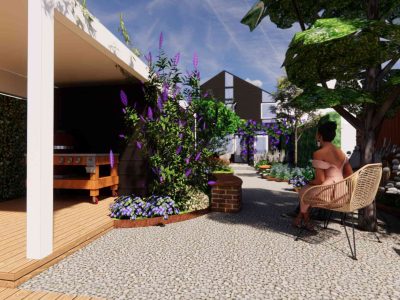 Tuinontwerp gezellige familietuin. Kindvriendelijke tuin in nieuwbouw met gras en pergola en barbeque Sliedrecht