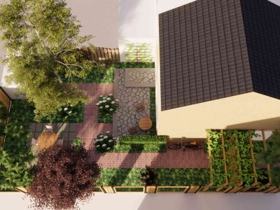 Tuinontwerp groene zijtuin met hergebruikte materialen, pergola en hortensia's Dordrecht
