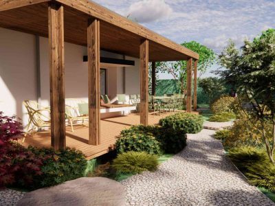 Tuinontwerp en beplantingsplan bij nieuwbouw villa met houten veranda met zicht op bostuin