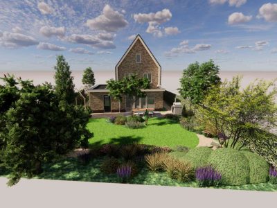 Tuinontwerp Engelse cottage tuin met groot gazon Gorinchem Dalem nieuwbouw